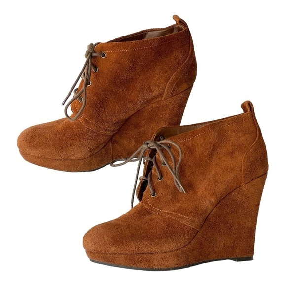 Jessica Simpson Brown Suede Ankle Bootie Platform Heels Lace Up Boots, Sz 7M - Picture 2 of 7